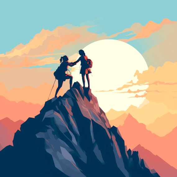Dessin d'une randonneuse en aidant un autre à monter au sommet d'une montagne symbolisant l'aide apporter par une rédactrice web SEO à sa cliente.