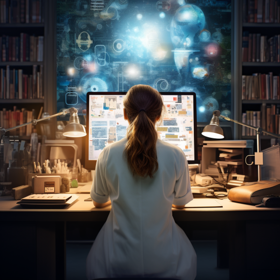 Rédactrice web en blouse blanche. Elle est de dos devant un écran posé sur un bureau encombré d'objets et de livres.