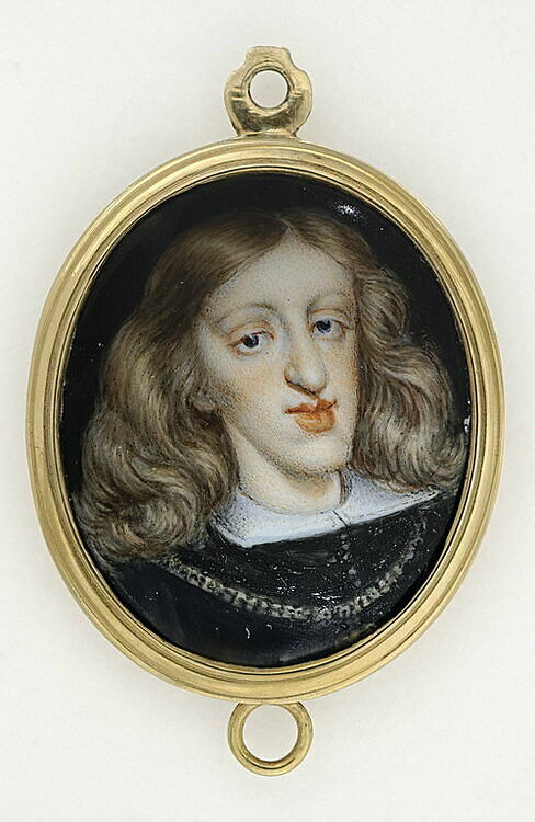 Portrait peint du XVIIe siècle de Charles II d'Espagne, un homme au nez et menton anormalement proéminents.